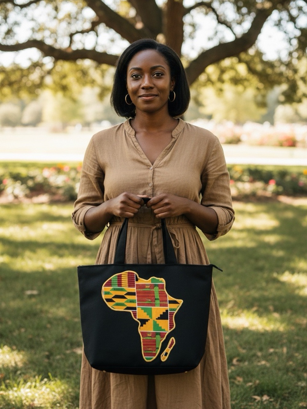 Black Tote with Vibrant Kente Africa Patch - Women's Everyday Bag